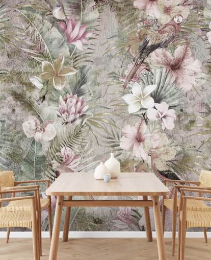 papel de parede de flores e pássaros tropicais