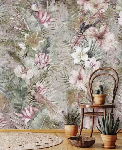 papel de parede de flores e pássaros tropicais