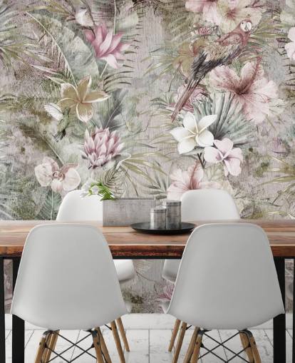 tropiske blomster og fugler tapet