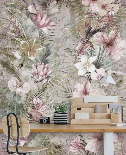 papel pintado de flores y pájaros tropicales