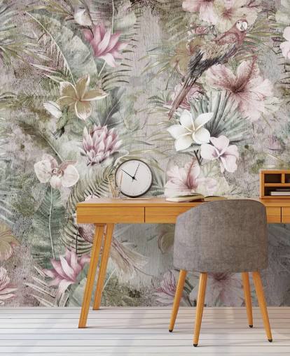 papel de parede de flores e pássaros tropicais