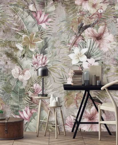 tropical flowers and birds wallpaper