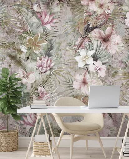 tropiske blomster og fugle tapet