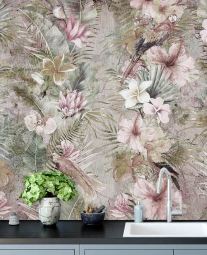 papier peint fleurs et oiseaux tropicaux