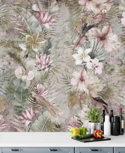 tropiske blomster og fugle tapet
