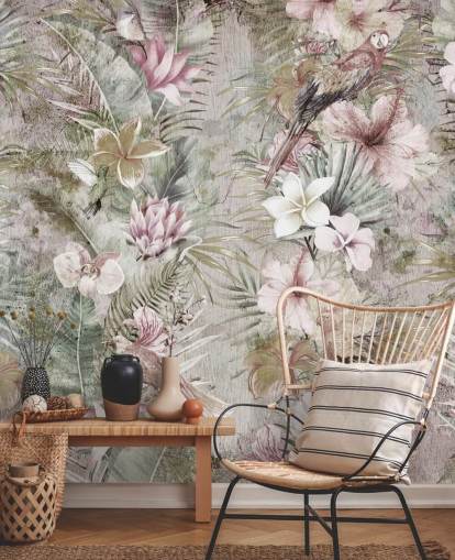 papier peint fleurs et oiseaux tropicaux