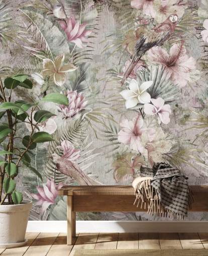 papier peint fleurs et oiseaux tropicaux
