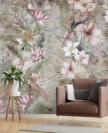 papier peint fleurs et oiseaux tropicaux