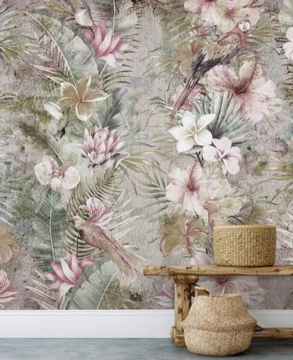tropical flowers and birds wallpaper