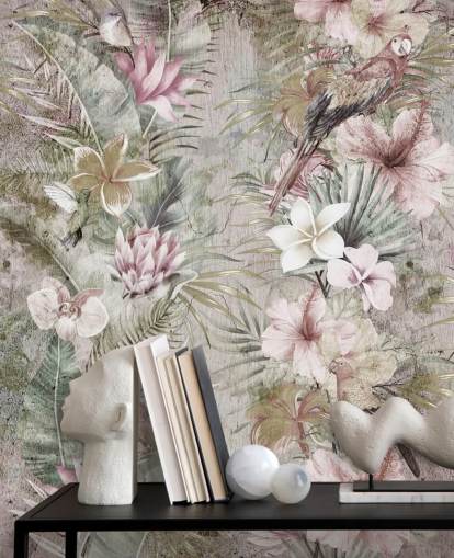 tropische bloemen en vogels behang