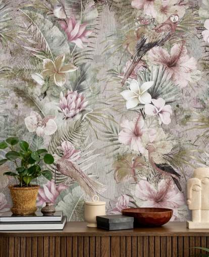 tropiske blomster og fugler tapet