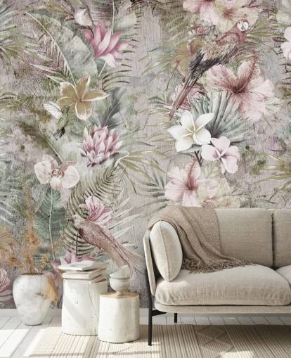 tropical flowers and birds wallpaper