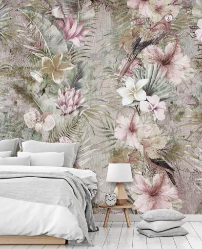 papel de parede de flores e pássaros tropicais
