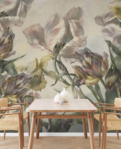 mural de papel pintado de tulipanes de estilo vintage llamado Antique Tulips de Marina Stupakova para dormitorios y salas de estar