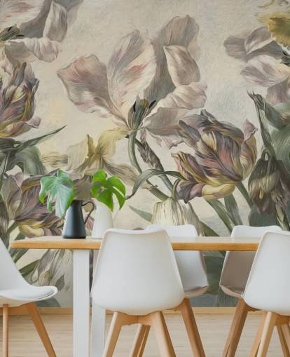 Marina Stupakovan vintage-tyylinen tulppaanitaustakuva nimeltä Antique Tulips makuuhuoneisiin ja olohuoneisiin