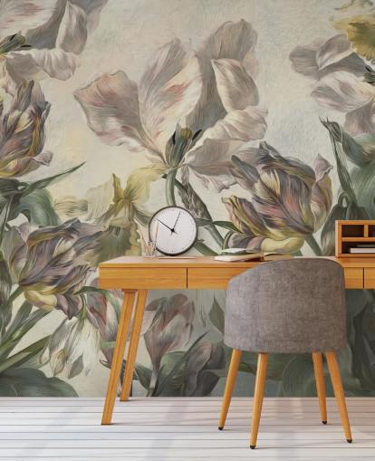 papier peint mural de tulipes de style vintage appelé Antique Tulips de Marina Stupakova pour les chambres et les salons