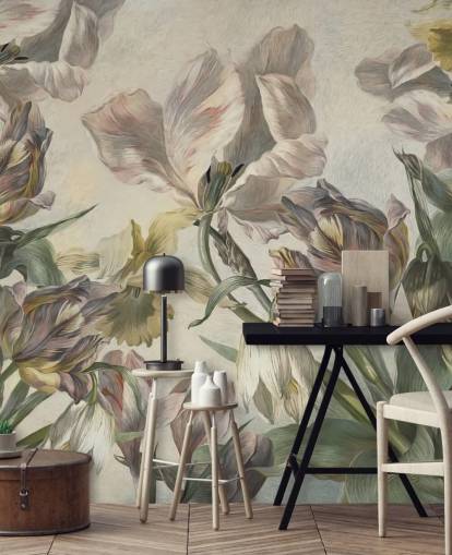 Tulpen-Tapetentapete im Vintage-Stil mit dem Titel Antique Tulips von Marina Stupakova für Schlafzimmer und Wohnzimmer
