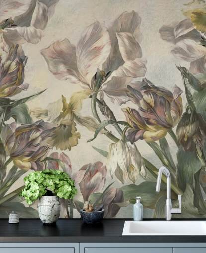 vintage stil tulipaner tapetmaleri kaldet Antique Tulians af Marina Stupakova til soveværelser og stuer