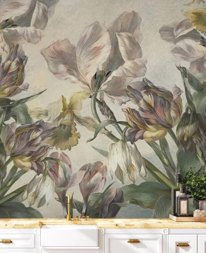 papier peint mural de tulipes de style vintage appelé Antique Tulips de Marina Stupakova pour les chambres et les salons papier peint mural de tulipes de style vintage appelé Antique Tulips de Marina Stupakova pour les chambres et les salons