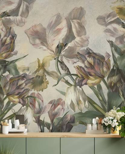 vintage style tulips wallpaper mural called Antique Tulips by Marina Stupakova for bedrooms and living rooms