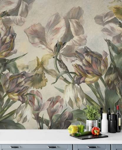 Tulpen-Tapetentapete im Vintage-Stil mit dem Titel Antique Tulips von Marina Stupakova für Schlafzimmer und Wohnzimmer Tulpen-Tapetentapete im Vintage-Stil mit dem Titel Antique Tulips von Marina Stupakova für Schlafzimmer und Wohnzimmer