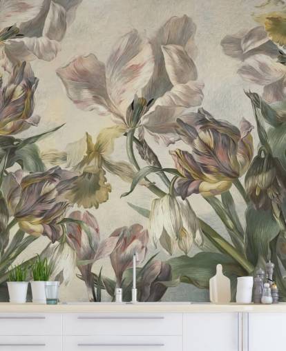 vintage stil tulipaner tapetmaleri kalt Antique Tulips av Marina Stupakova for soverom og stuer
