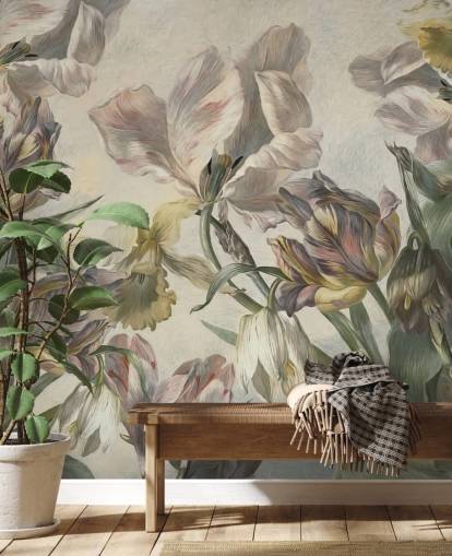 mural de papel de parede de tulipas de estilo vintage chamado Antique Tulips de Marina Stupakova para quartos e salas de estar mural de papel de parede de tulipas de estilo vintage chamado Antique Tulips de Marina Stupakova para quartos e salas de estar