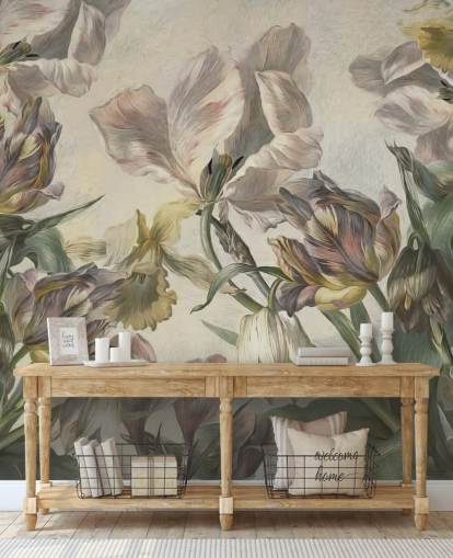 vintage stil tulipaner tapetmaleri kaldet Antique Tulians af Marina Stupakova til soveværelser og stuer