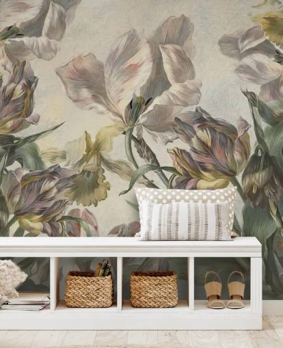 vintage style tulips wallpaper mural called Antique Tulips by Marina Stupakova for bedrooms and living rooms