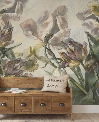 vintage style tulips wallpaper mural called Antique Tulips by Marina Stupakova for bedrooms and living rooms