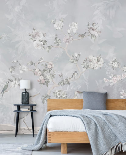 pássaro chinoiserie cinza claro e papel de parede floral