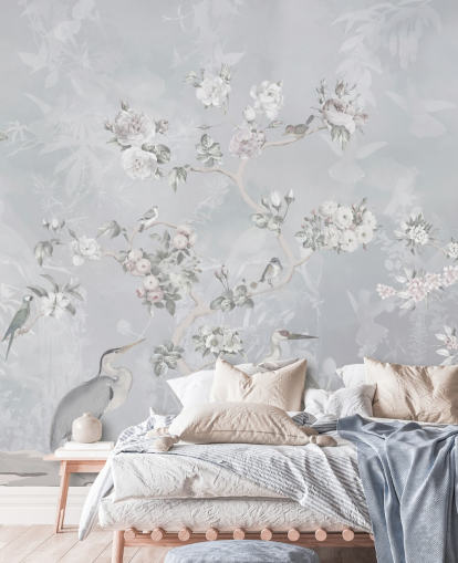 lichtgrijs chinoiserie vogel- en bloemenbehang lichtgrijs chinoiserie vogel- en bloemenbehang