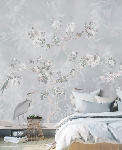 lichtgrijs chinoiserie vogel- en bloemenbehang
