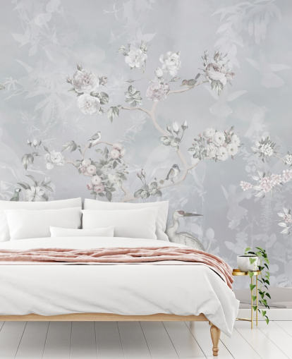 papier peint oiseaux et fleurs chinoiserie gris clair