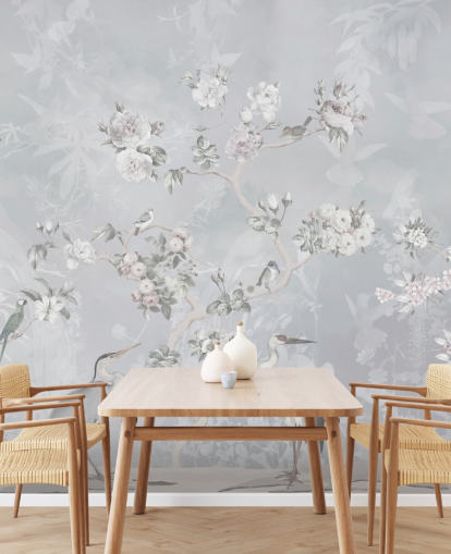 lysegrå chinoiserie fugl og blomster tapet lysegrå chinoiserie fugl og blomster tapet