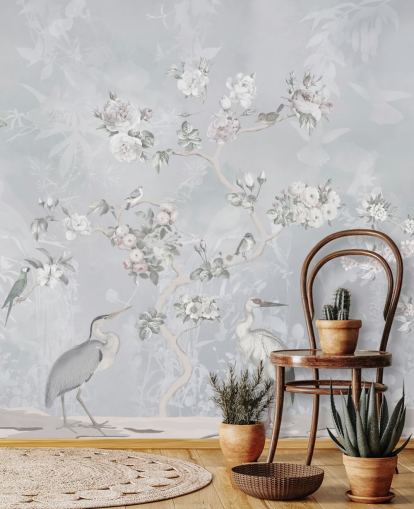 hellgraue Chinoiserie Vogel- und Blumentapete