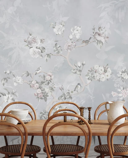 light grey chinoiserie bird and floral wallpaper