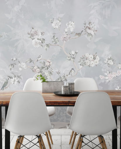 papel pintado chinoiserie pájaro y flores gris claro