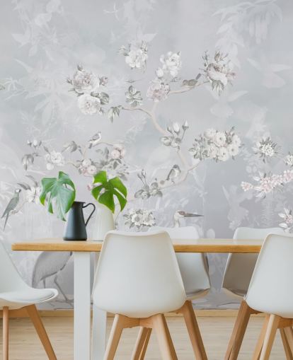 hellgraue Chinoiserie Vogel- und Blumentapete