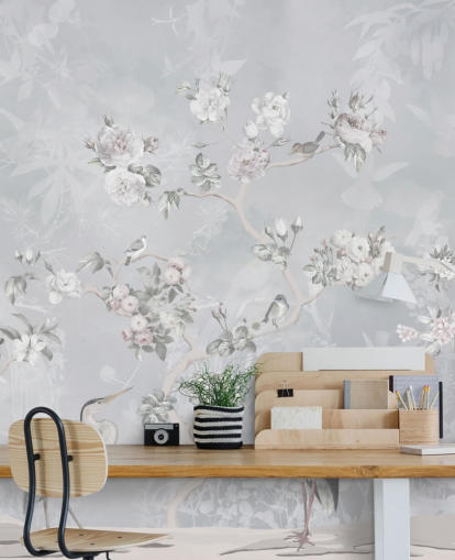lichtgrijs chinoiserie vogel- en bloemenbehang