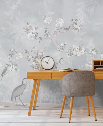 lysegrå chinoiserie fugl og blomster tapet