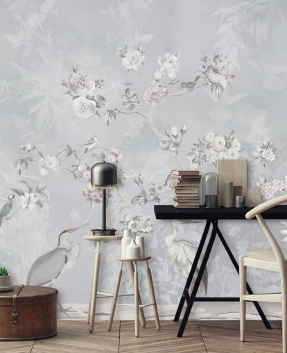 hellgraue Chinoiserie Vogel- und Blumentapete