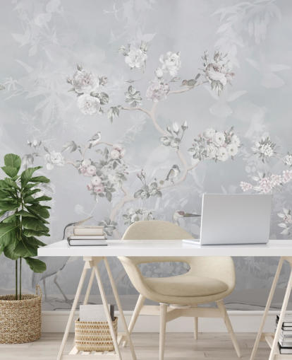 lysegrå chinoiserie fugl og blomster tapet