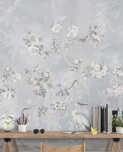 hellgraue Chinoiserie Vogel- und Blumentapete