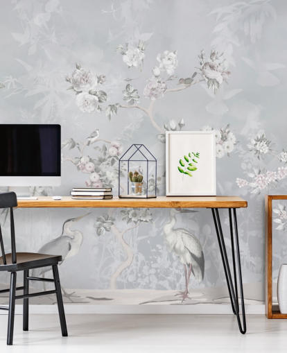 pássaro chinoiserie cinza claro e papel de parede floral