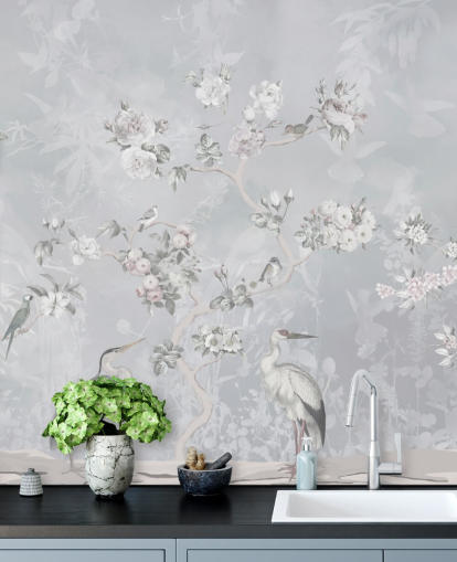 light grey chinoiserie bird and floral wallpaper