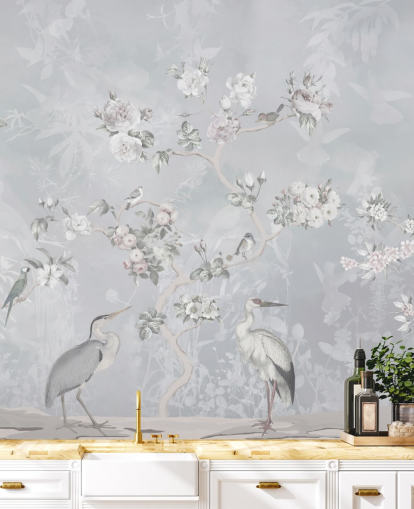 papel pintado chinoiserie pájaro y flores gris claro