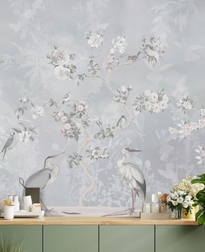 hellgraue Chinoiserie Vogel- und Blumentapete