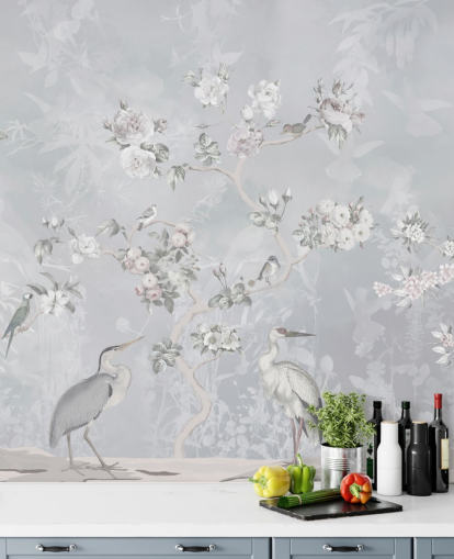 lysegrå chinoiserie fugl og blomster tapet