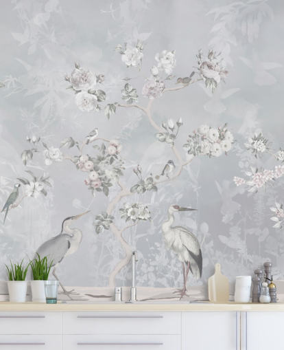 hellgraue Chinoiserie Vogel- und Blumentapete hellgraue Chinoiserie Vogel- und Blumentapete